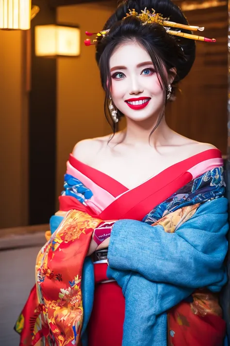 ultra realistic, extremely detailed, 8K, wide angle, exposure amount
cowboy shot,1girl,solo,smile,off-shoulder kimono, touch her lips, perfect,meakeup,puffy lips,lipstick,eyeshadow,portrait