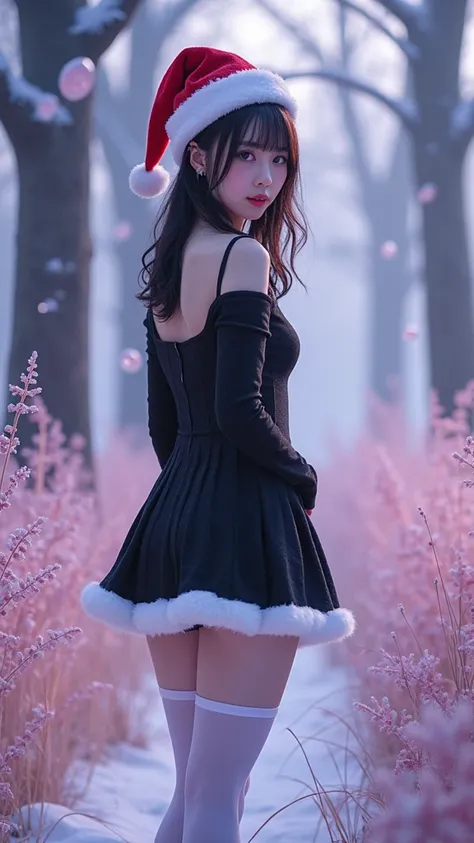 (Qingxu_, photo image _v11), (Qingxu_, photo image _f.11), Hermosa mujer japonesa in a black dress and a santa hat, white thigh length stockings , Miniskirt white, she has a cute expressive face, she has a cute face, with round cheeks, y cutecore clowncore...