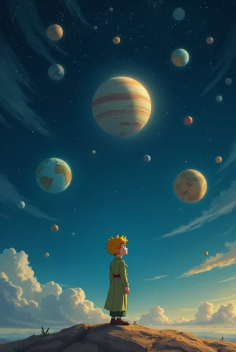 Make a scene where the little prince is looking at the sky and there are different planets in the sky that each have the characters with whom he has lived together in his adventures