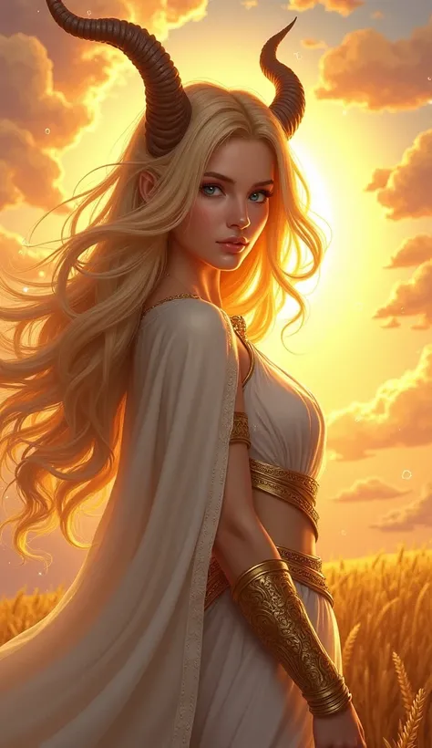 Fantasy illustration featuring a female character with golden hair and horns, exuding a sense of strength and elegance. She has captivating blue eyes and wears a light, flowing shawl with a golden armlet engraved with intricate patterns. The background sho...