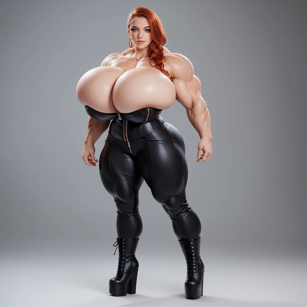 score_9, score_8_up, score_7_up, score_6_up, solo, 1girl, a beautiful redhead woman, gigantic breasts,
extra muscular arms, shoulderless black pvc trousers with zipper, shoulder parrot , full body shot, platform fetish boots, corset, breast bulge spilling ...