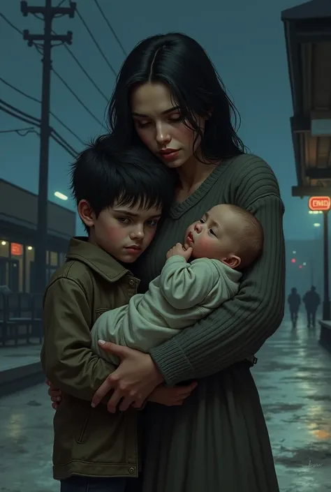  Mother wearing an old sweater style dress .
At a bus station at night.
 with a boy about seven years old dark-haired, And a baby holding her mothers arms .