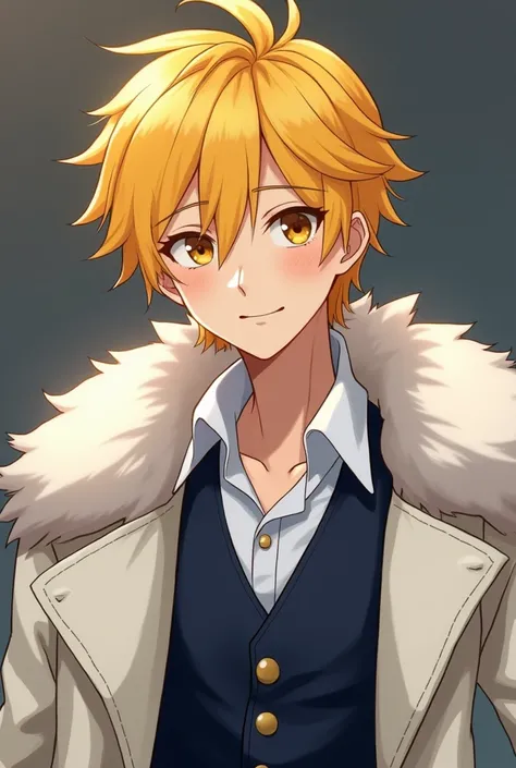 A 22-year-old man with vibrant yellow hair ,  yellowish eyes ,  thin face and beautiful smile . Its funny , happy, playful, and always with a smile on his face.  He is wearing a white puff-sleeved shirt and a navy blue vest over the top.  Over the shoulder...