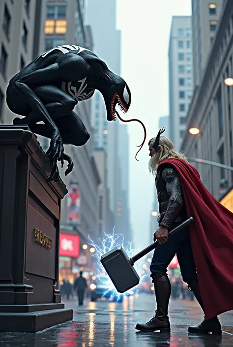 Venom watching Thor from a distance in downtown New York