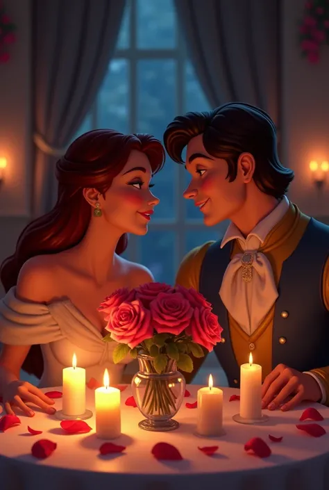 Disney prince giving a romantic dinner to his princess with roses in a vase, petals on the table and half-lit candles giving the most romantic touch 