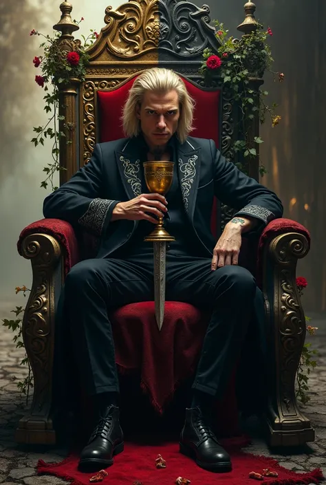 Imagine Victor, a handsome adult man, seated on a grand throne split into two halves—one side pristine and ornate, gilded with gold filigree, while the other is dark, jagged, and weathered by time. His chin-length, medium-blond hair is styled in layered cu...