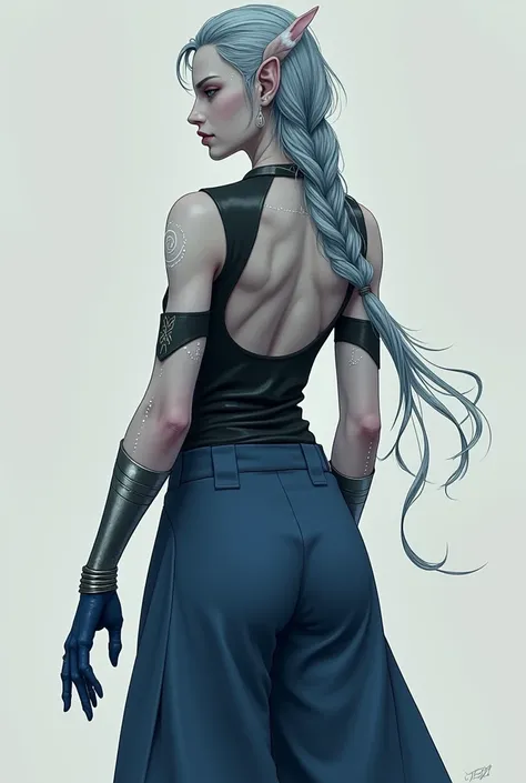 Short-eared Elf , medium height ,  muscles in the arms and torso, severe appearance,  very long silver hair with bluish and peaked tips usually tied in a thick braid,   pale skin with white tattoos in the shape of fine lines adorning the arms ,legs and nec...