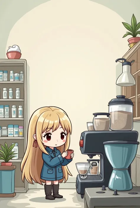 greeting card with space and lines on the left to write in chibi style with a Russian woman with long light hair, dressed in a short blue work coat, Who makes coffee with a coffee machine in the anteroom of a pharmacy.