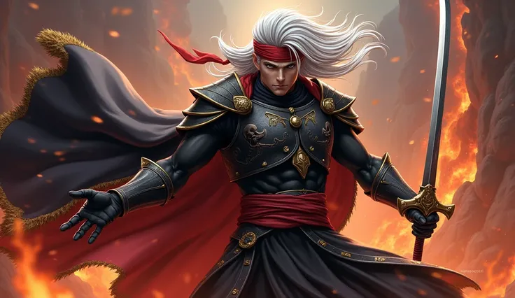  male character 。 Dragon Quest 、Despisaro 、 long white hair flutters in the wind 、 The exterior makes you feel majestic and ruthless 。 has a red bandana wrapped around the forehead 、 part of the face is hidden, but a character like the 。Dressed in black ar...