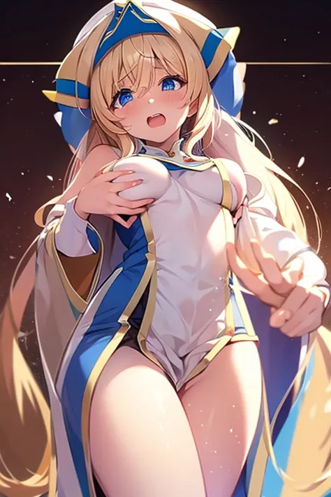 Master piece,best quality,nsfw,1boy((((((aroused,grabbing Priestess s breasts from behind)))))),Priestess - Goblin Slayer  (Priestess－  Goblin Slayer)((clenched teeth ,cry,clothed,grabbing another’s breast)),in cave,from above