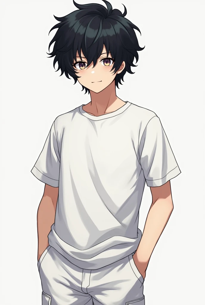 
Teenage man with black hair , curly, That your hair covers your eyes but that its not that long ,  something like a wolfcut
Your hair should cover your eyes .
The clothes: white high school uniform ,  cargo pants dont do it in color
Do all this anime styl...