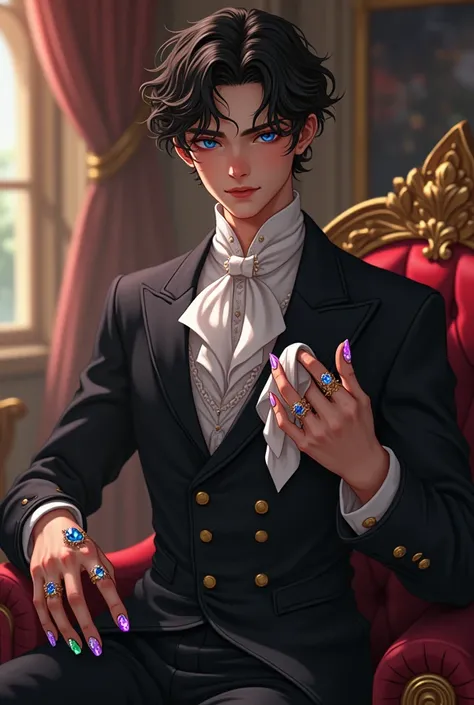 A cool young man around 16
They are holding out a handkerchief in the guise of an aristocrat
I have jewels of various colors on my hands