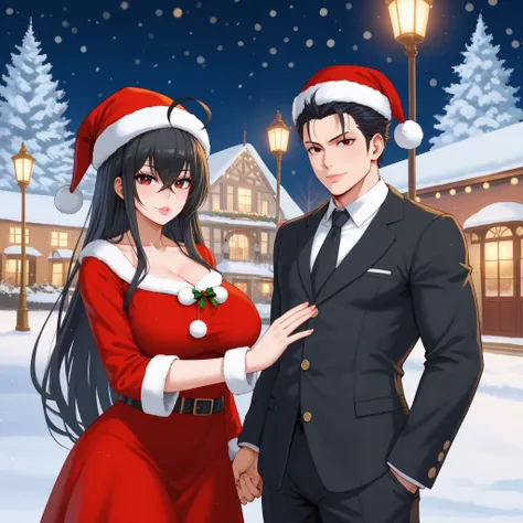 A man and a woman holding hands together, standing on a concrete sidewalk in a park with Christmas aesthetics, at night, snow-covered lawn, trees with blinking lights. (A man wearing a Santa Claus uniform, muscular, black hair, black hair, black eyes, Fair...