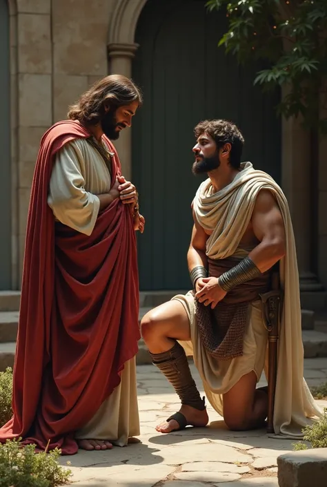 Jesus and the Roman soldier kneeling before him
