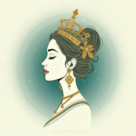 A minimalist, AI-inspired logo-style design for a profile picture. It features an artistic silhouette of a graceful Maharani head with a detailed crown and earrings, outlined in shimmering gold. The design is abstract yet recognizable, with swirling lines ...