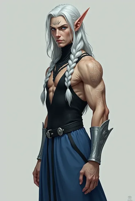 Short-eared Elf , medium height ,  muscles in the arms and torso, severe appearance,  very long silver hair with bluish and peaked tips usually tied in a thick braid,   pale skin with white tattoos in the shape of fine lines adorning the arms ,legs and nec...