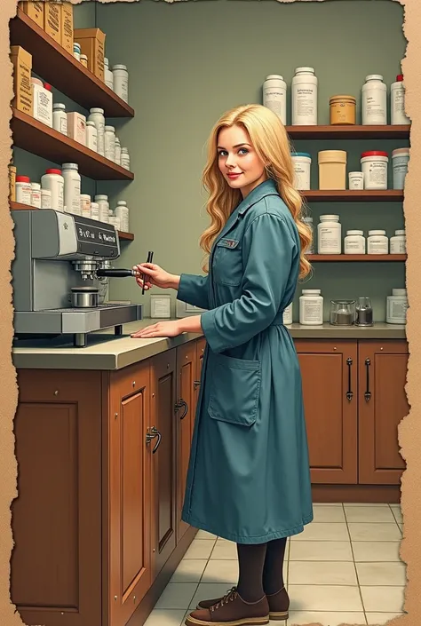 greeting card with space and lines on the left to write in cardboard style with a Russian woman with long light hair, dressed in a short blue work coat, Who makes coffee with a coffee machine in the anteroom of a pharmacy.