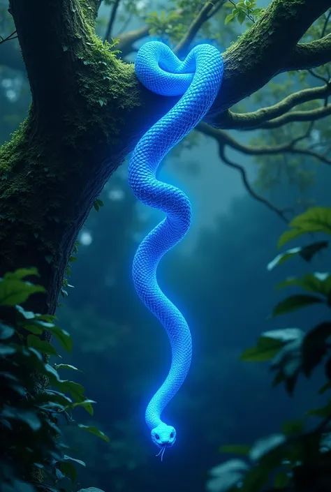 Neon blue snake coming down from a tree 