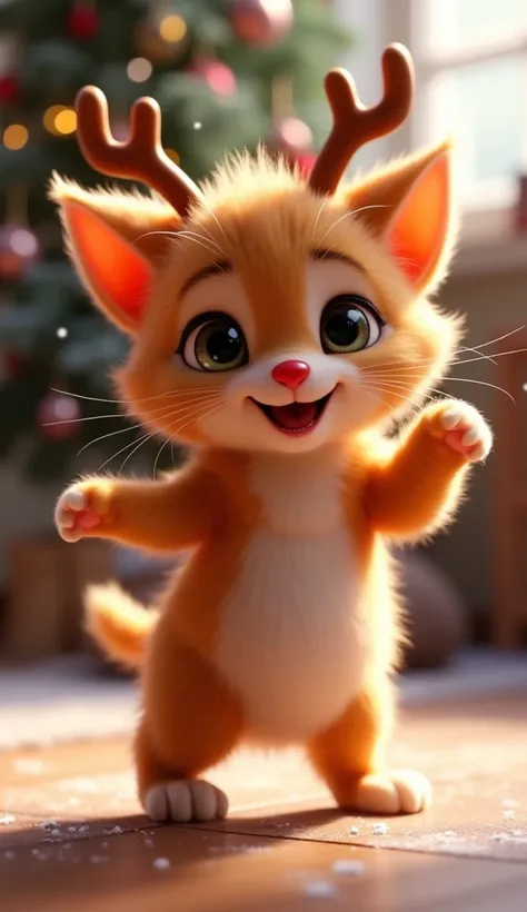 Disney Pixar style character cute kitten with reindeer ears and Rodolfo the reindeer nose full body so that it can move while dancing 