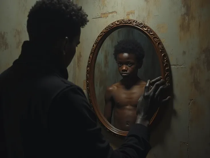 The shirtless  black boy , Who is exorcised with the demon , It is in front of the round mirror that is being held by the black mother and the black father in clothes and the demon being pulled through the mirror in the basement