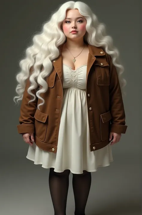  long white hair with curls at the ends she has 1 ,69, pale skin.  she wears a velvet brown jacket over a white dress with a neckline and a pair of tights, and shes wearing little black heels . she is chubby