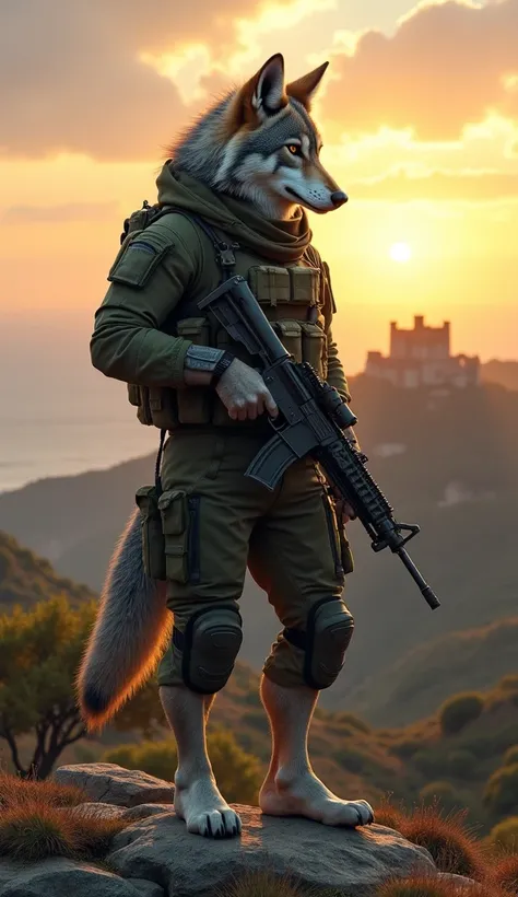 "Create an image of a humanoid Iberian Wolf as a special forces soldier, blending human-like anatomy with the sleek and powerful features of the wolf. The soldier has a lean, agile build, with its head retaining the wolfs sharp eyes, pointed ears, and stri...