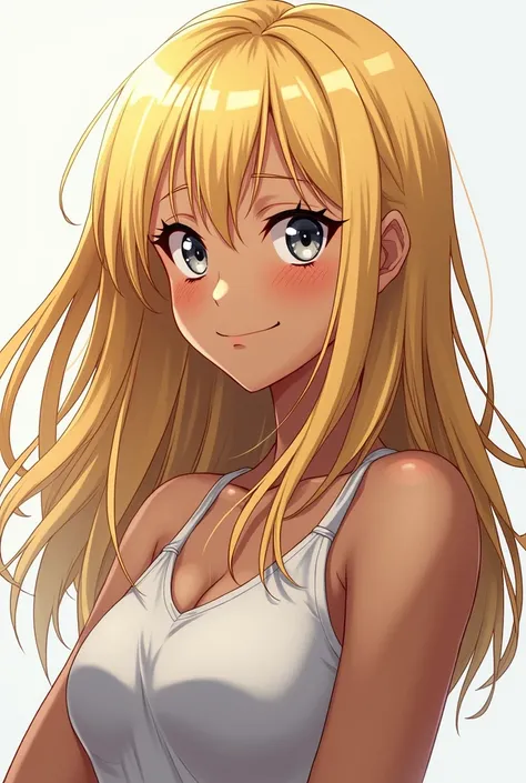  A female teenager , with dark tanned skin , blonde hair and grey eyes ANIME VERSION