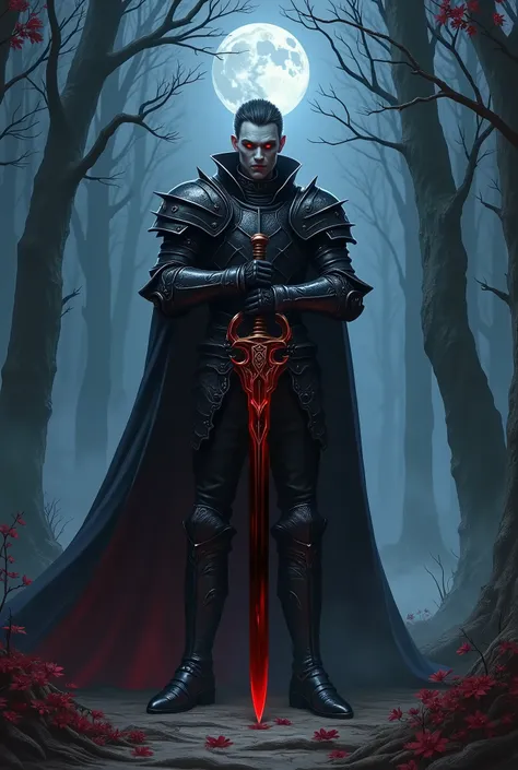 In RPG style, in style of Dungeons & Dragons, in style of fantasy painting. Full body view, looking at the viewer. image of an vampire male knight, holding a black sword with red edge. Black red metal armor, black pants, black  boots with Small Heels. Pale...