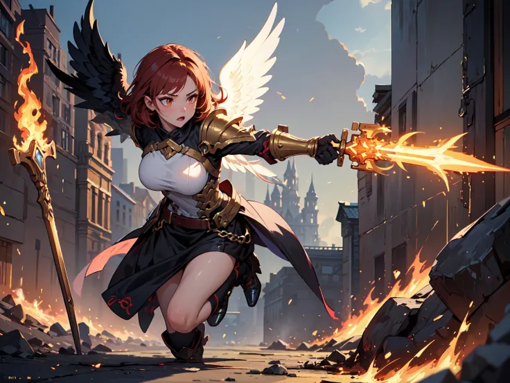 (((masterpiece, best quality, high detailed, 16k))) (1girl) A fierce and fiery angel with short red hair and burning amber eyes. She wears heavy golden armor adorned with flames, and her large, fiery wings blaze behind her. In her hand, she wields a hammer...