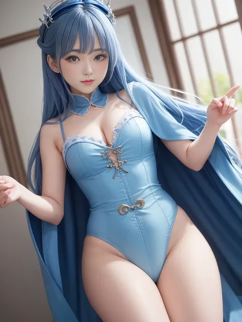 ( top quality)、masterpiece、 realism、 highlights are amazing、 Dracue３、Sage、Crown of Enlightenment 、 Blue Uniform、(Princess)、Woman in her 20s、 blue hair  、long layer bob、 cute、 perfect body、 cleavage、Cape、 chubby glowing thighs、 absolute domain 、Ripped Panti...