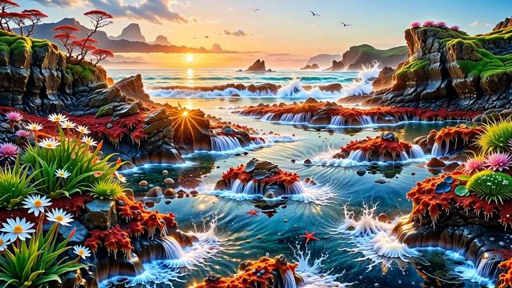 A Masterpiece In 32K Resolution, Supreme Quality, Super Detail, Official Art, Very High-Resolution 32K Wallpaper, Beautiful And Aesthetic, Ultra-Detailed Features, Awe-Inspiring Detail. An Intricate 32K Scene Of Tide Pools Along A Rugged Coastline At Sunri...