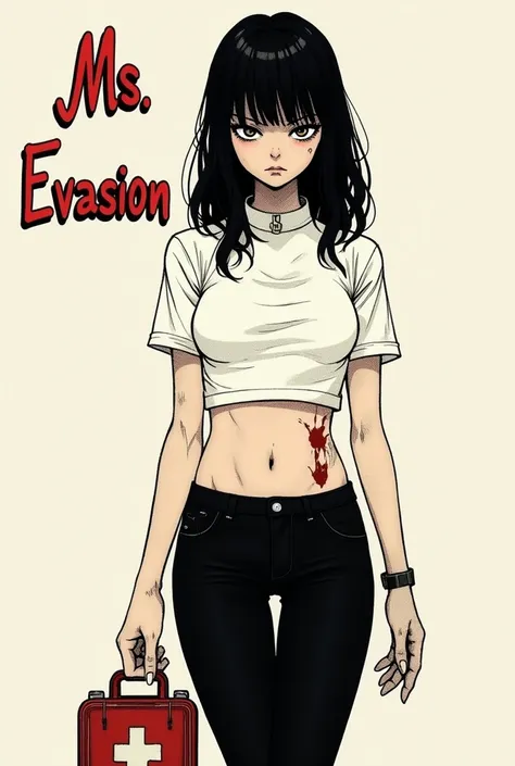 In the style of Junji Ito, Junji ito Manga type image, girl, tight white crop top, black leggings, serious, determined, medium length hair, long bangs, carrying a medkit on her right hand, red medkit with white plus on it, slightly dirty, slightly injured,...