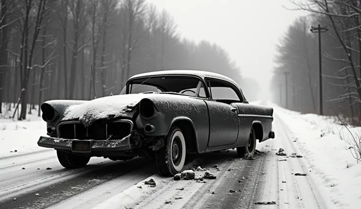 A dramatic black-and-white depiction of a car accident scene in the 1970s, showing a mangled vehicle on a snowy road, representing the Biden family tragedy.