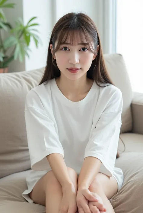  close-up portrait, slender East Asian woman with bangs ,  bright and pure colors stand out 、 Im wearing a striking white oversized t-shirt.  relax on the beige sofa 、 sitting in a playful pose Yes , Legs crossed slightly 、 is barefoot on the couch .  Her ...