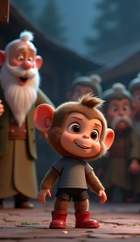     3D animation a cute baby monkey cub,  medium size brown funcky hair a black shorts and grey t-shirt. Red boot.   night images, 

"The old sage looking surprised and slightly amused, with his hand raised as if explaining something, while villagers start...