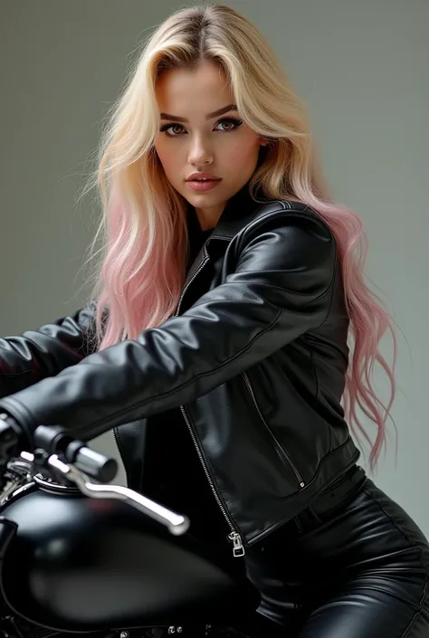 Beautiful blonde girl with pink highlights, Shes wearing a lip piercing ,  dark brown eyes ,  wears a leather jacket ,  shes sitting on her black motorcycle in an elegant pose