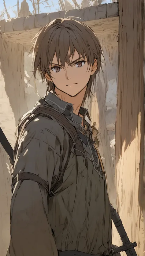 Create an image of an RPG archer with 1,55 tall,  brown eyes ,  brown hair , 18 years old, man