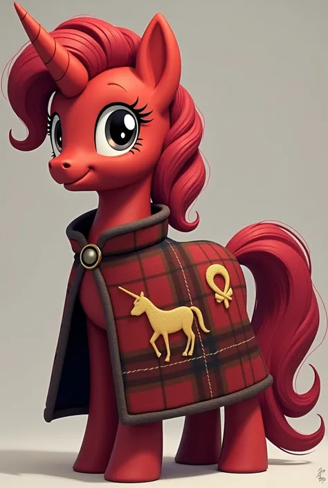 Make a male pony with traits of My Little Pony friendship is magic,  the pony has crimson fur and a long mane and a tuft on the side divided on the sides in a dark red color , gray eyes,  a serene smile he wears a middle-ages-style cape with an embroidered...