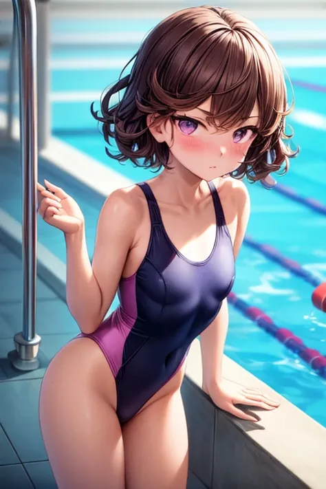 ((best quality)), ((masterpiece)), (detailed), a girl, somewhat short stature, blushing, purple eyes, brown hair, bangs, wavy hair, short hair, swim suit, anime, pool