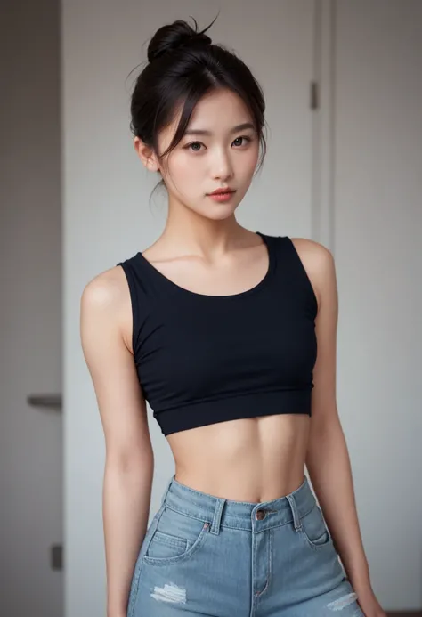  1 girl , view viewers ,, incredible details,  bright color,  sharp concentration,  high definition , Perfect clarity,  Complete,  great composition, Extraordinary depth, Rich texture,  amazing contrast , captain,  asian girl,  Japanese ,  crop top,  