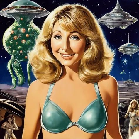 Actress Teri Garr (age 30, in her prime, small perky breasts, ample hips, toned body, sexy sheer space lingerie, erect nipples) is presenting Christmas gifts to the Alien Ambassadors group, set in an alien space ship, several tentacled aliens very friendly...