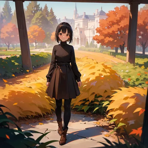 ( High Quality ,  high definition , Very detailed, reality:1.37), Peaceful atmosphere, (Outdoor, garden ,autumn),  teenage girl standing alone, Beautiful details,  cute smiles , (Black Bob), Ribbed sweater,Brown skirt, Black tights,  brown boots .