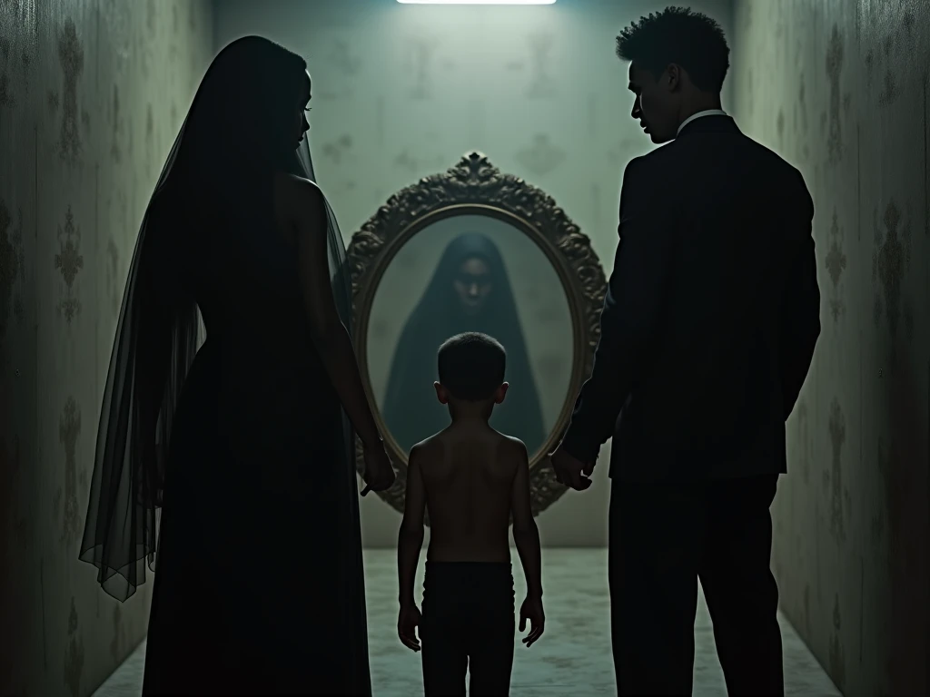  black mother and black father in 2024 clothes holding the round mirror ,  and in front of them , Are the shirtless  black boy ,  and that the spirit of a demon inside him is drawn by the mirror in the basement