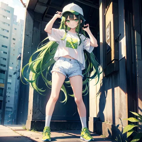 A teenage anime girl ,Standing straight ، with a cute smiling face, green eyes, very long black hair And tidy , and wearing a white shirt. short denim Jeans، Skinny thigh، and green socks with sneakers، Green hip hop hat. 

