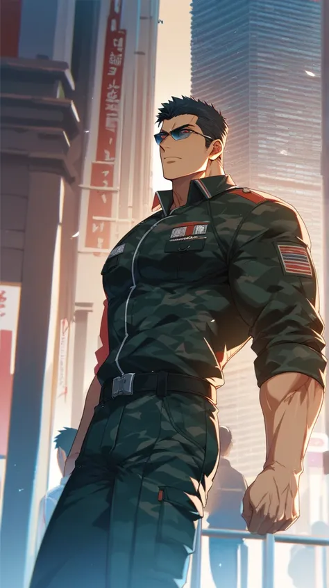 anime, masculine man, towering height , strong manly muscle ,long muscular legs , tight-fitting military camouflage uniform, very tight, short black hair , combed back hair , Red eyes , sunglasses , 24 years old, walking in city