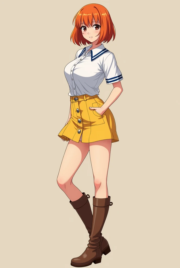  Tall woman,  big breasts,  small waist , short orange hair, light brown eyes,  white shirt with blue stripes with short sleeves and neckline,  short yellow skirt with circles, calf-length brown boots ,  full body,  anime style. 