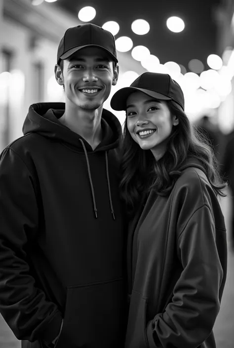 " Looking towards the front camera against the backdrop of the exhibition lights highlighted.  Couple in style like Koreans , tall,  smiling,  wearing casual clothes and a cool sporty hat with a soft touch .  Typographic  Latest and coolest style ,  with b...