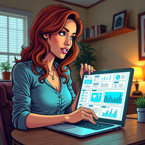 comic book art woman at home presenting a glowing laptop screen labeled “Traffic Insights Dashboard”