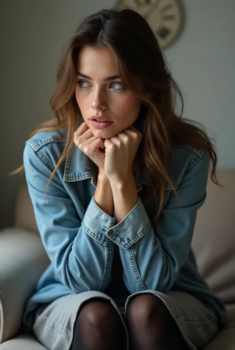 Young caucasian woman on couch. (She is hiding her hands behind her back : 4.0).  The woman is wearing a grey skirt with black tights and a light blue denim jacket. Face shot.