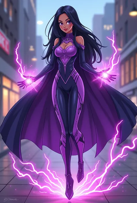 Create a female wizard hero costume with violet touches and adapt it to bnhas drawing style that resembles that of Zatana from Super Hero Girls